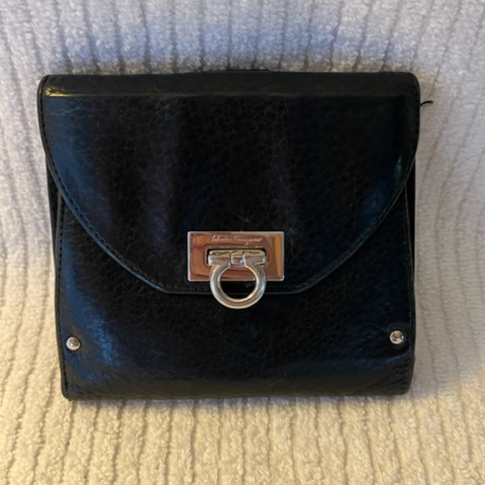 Salvatore Ferragamo small black wallet with pink inside and silver hardware